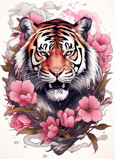 Tiger and flowers tattoo in pink, aggressive digital illustration style