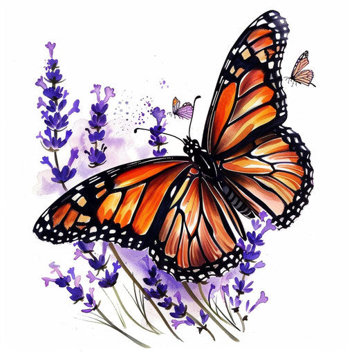 Realistic monarch butterfly landing on a lavender flower