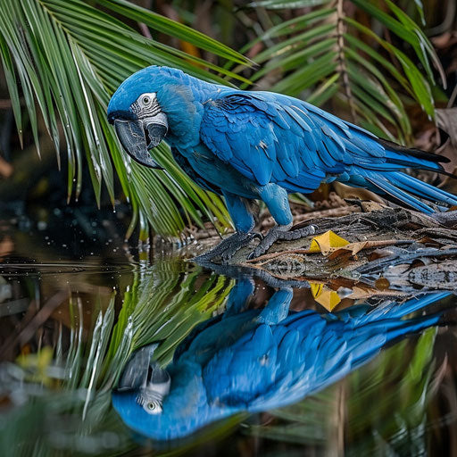 Blue macaw navigating riverbank, reflection in water