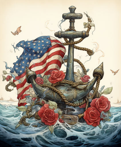 American flag on twisted anchor: George Bush and animal motif