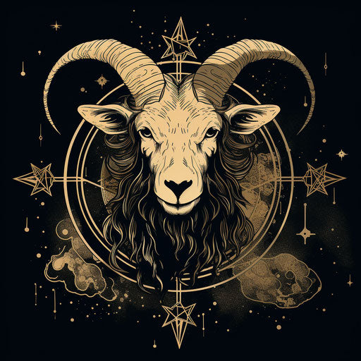 Afro goat with stars, tattoo style, commission, witchy academia