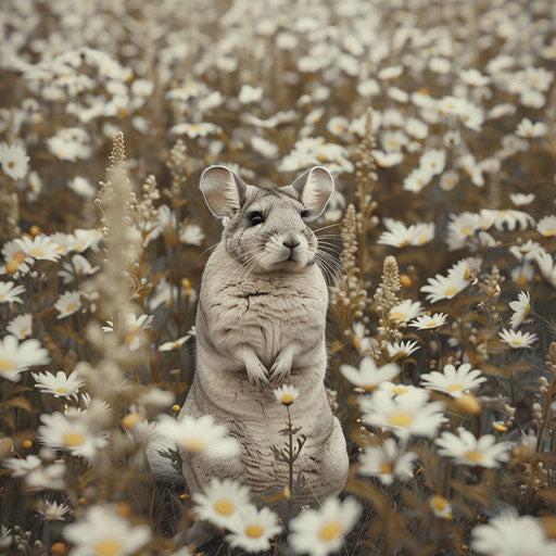 Chinchilla standing in a field of daisies