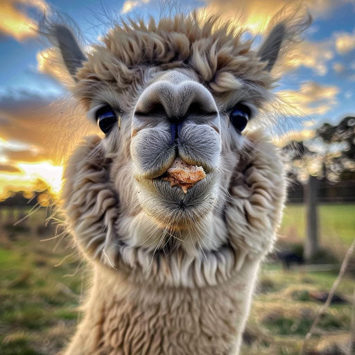 An alpaca chewing, a humorous snapshot capturing the quirky personality of these creatures