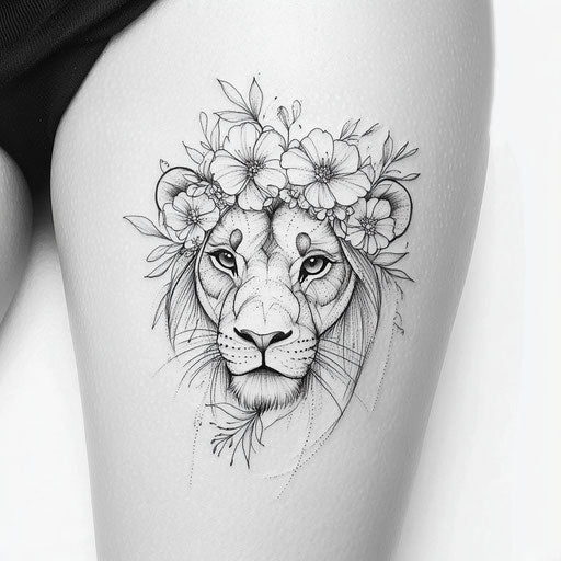 Flat tattoo sketch featuring lioness with flower crown
