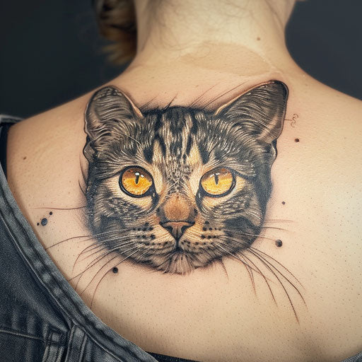 Realistic cat's piercing eyes tattoo on the shoulder blade