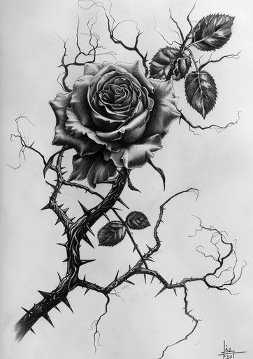 Twisted branch tattoo style rose drawing on white background