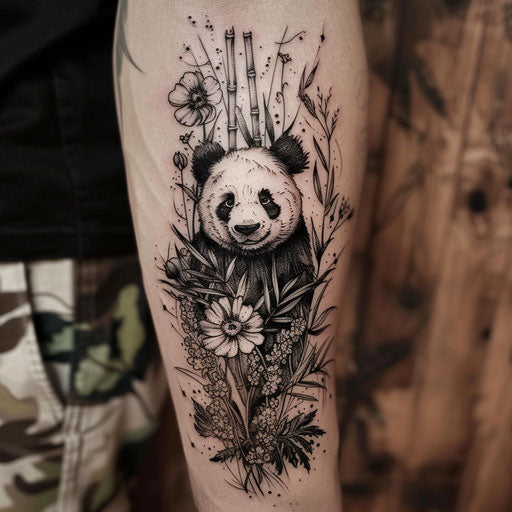 Wildflower tattoo with panda in black and white with green touches, bamboo elements