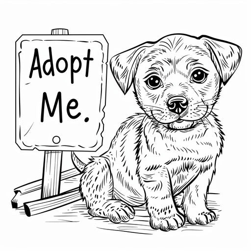 Cute puppy with big pleading eyes next to a "Adopt Me" sign.
