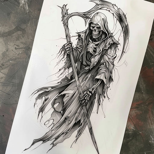 Detailed black & grey tattoo of a reaper holding a scythe
