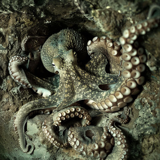 A mother octopus guarding her eggs in a hidden undersea cave, a moment of maternal instinct