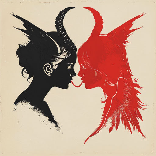 Intriguing flat tattoo sketch of a devil whispering to an angel