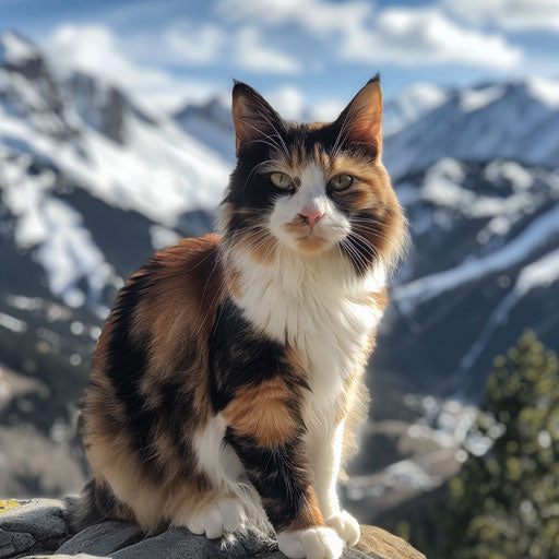 Calico cat sitting in front of mountain scenery