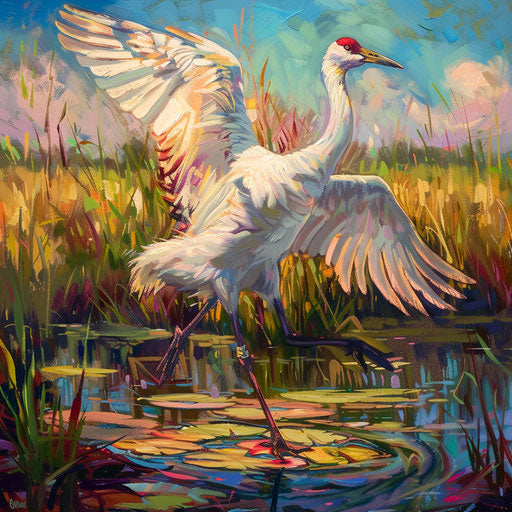 White crane dancing in lush wetland habitat