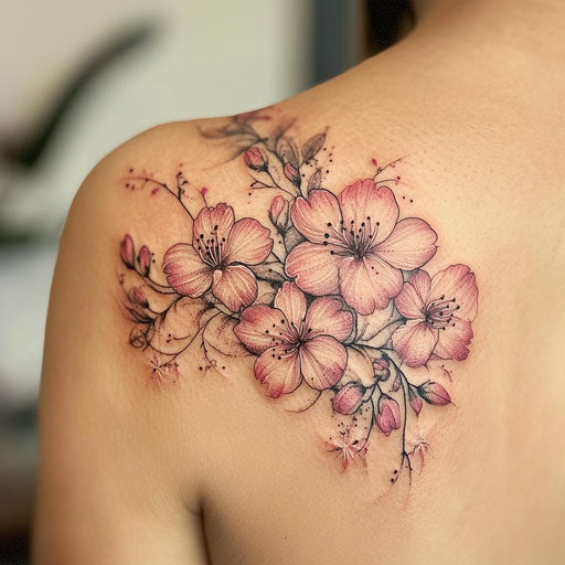Japanese cherry blossom tattoo on shoulder blade with intricate floral designs