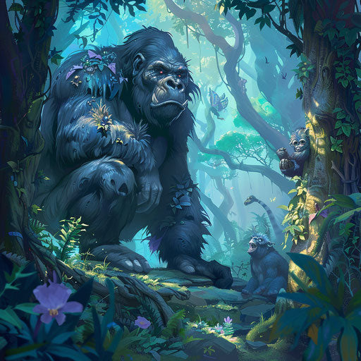 Enchanted forest where gorillas live with mythical creatures