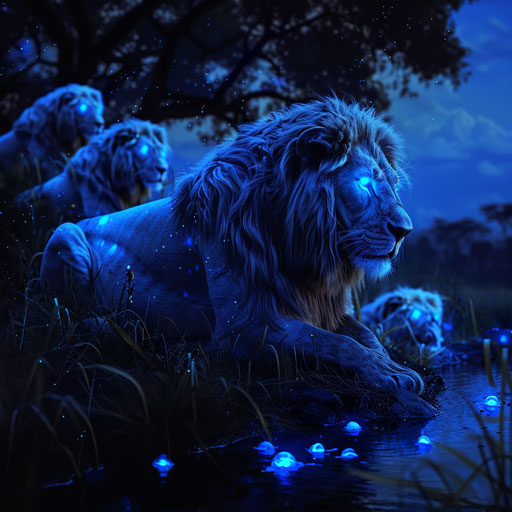 Bioluminescent lions in the night
