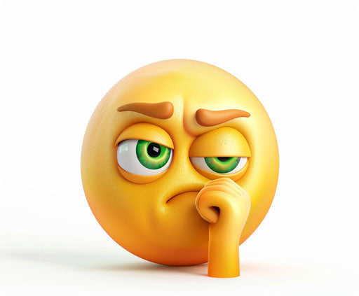 Thin emaciated emoji with green eyes in thought