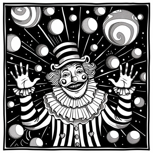 A cheerful clown juggling balls. Coloring book page