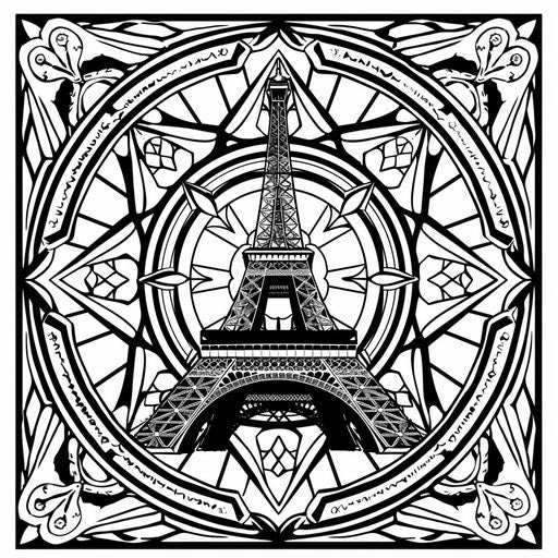 Intricate mandala with the Eiffel Tower at the center, surrounded by patterns