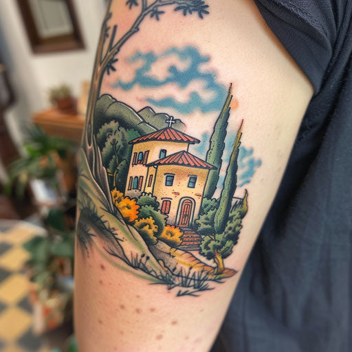 Traditional Italian countryside scene, pastel colors