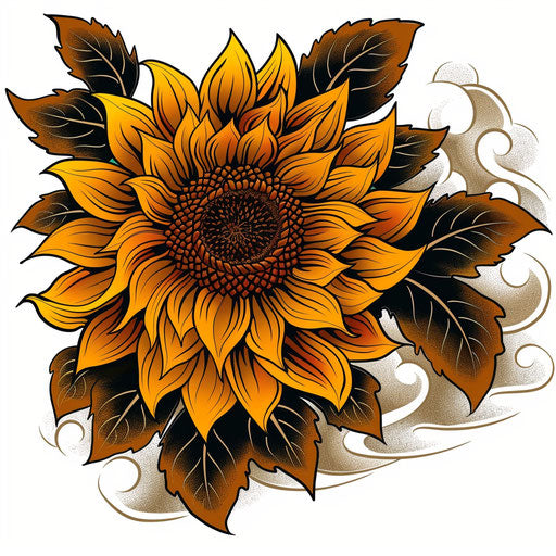 Vibrant Japanese sunflower tattoo on white background