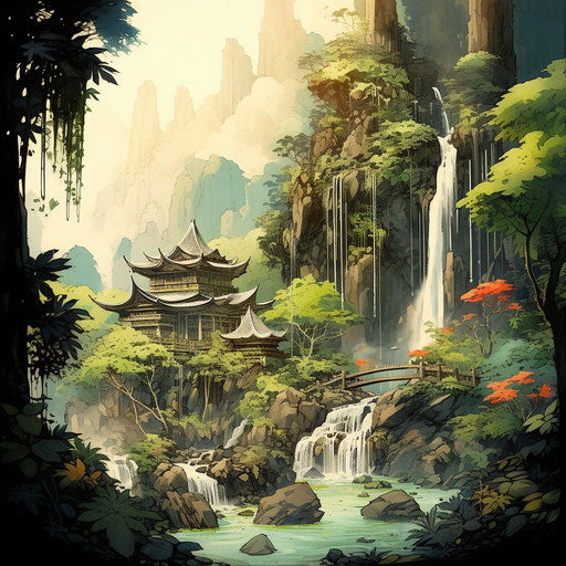 Japanese stone house with waterfall and garden