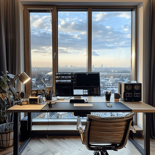 Home office with a view, large windows, and tidy desk setup