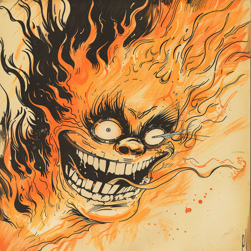 Flaming face in a zany humor style