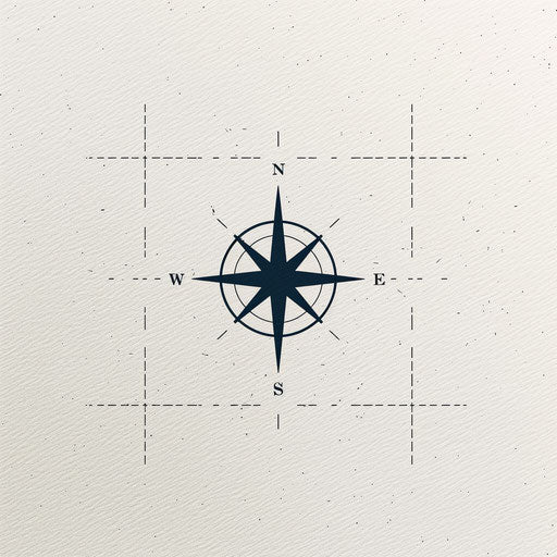 Minimalist map logo with a stylized compass rose and subtle grid background