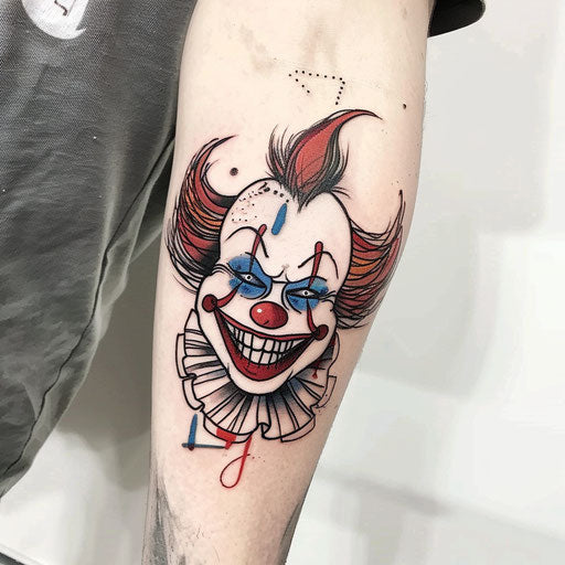 Cartoonish clown tattoo on white background