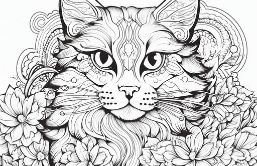 Coloring pages for kids with a cartoon cat print, in the style of canon af35m, charming sketches 17:11