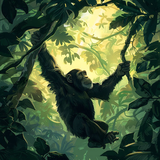 Chimpanzee swinging in the lush canopy
