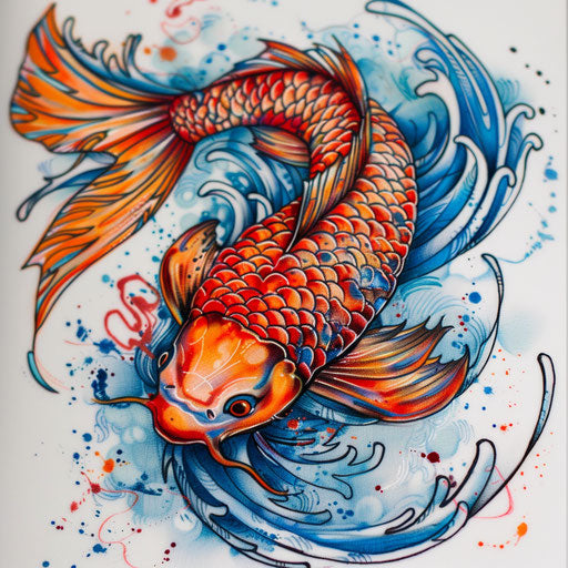 Vibrant koi fish tattoo design, oranges and blues