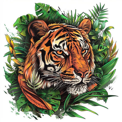 Dramatic sketch of a tiger lurking in dense jungle foliage