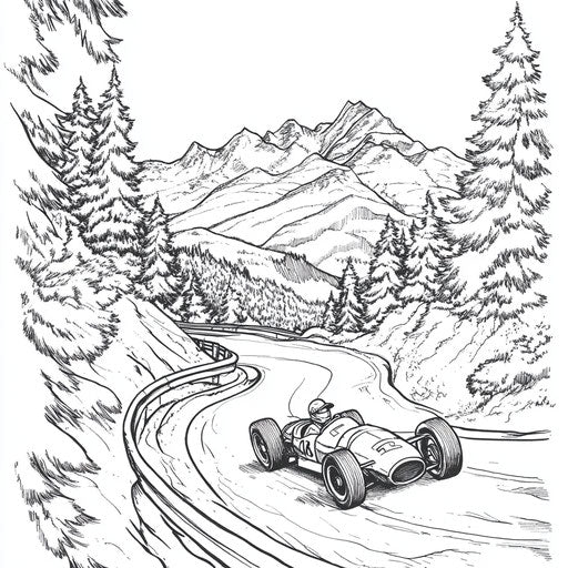 Race car on a winding mountain road, in the style of Stephen Wiltshire, coloring book page