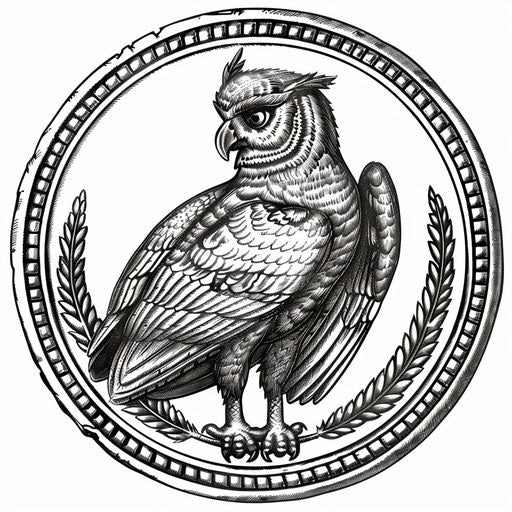 Ancient Greek coin with owl of Athena, unique tattoo design on white background