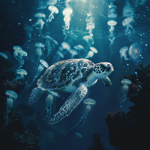 A sea turtle swimming among jellyfish in the deep ocean