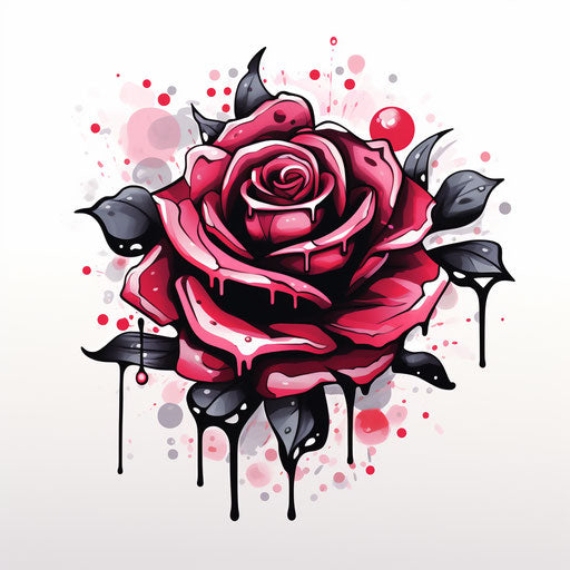Pink rose on white with black dots, bold graffiti style