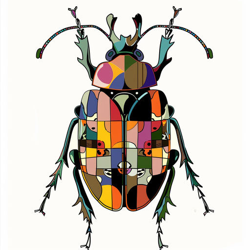 Tattoo sketch of a beetle with a mosaic of vibrant tiles and abstract shapes in a pop art clipart style
