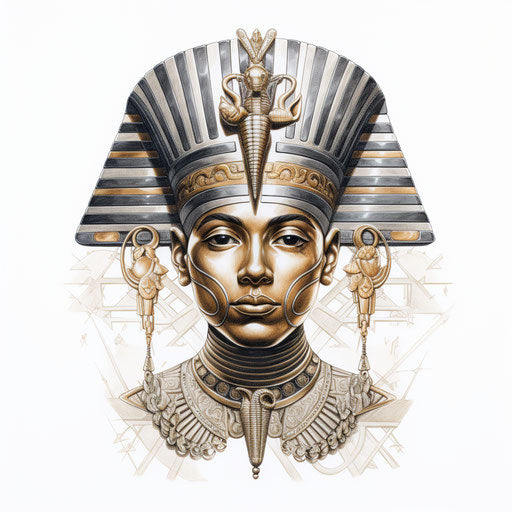 Crowned pharaoh in intricate dotwork and kintsugi style