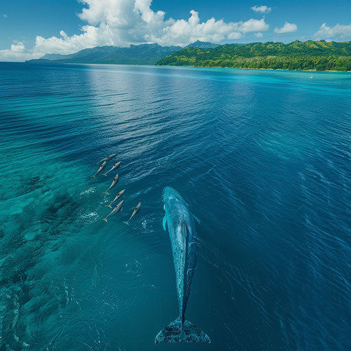 Blue whale swimming with dolphins in warm waters