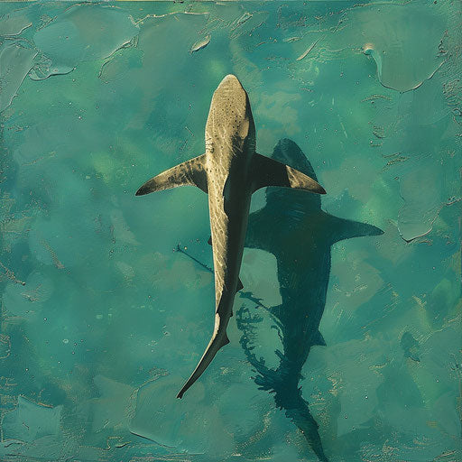 Shark from bird's eye view shadow sea floor
