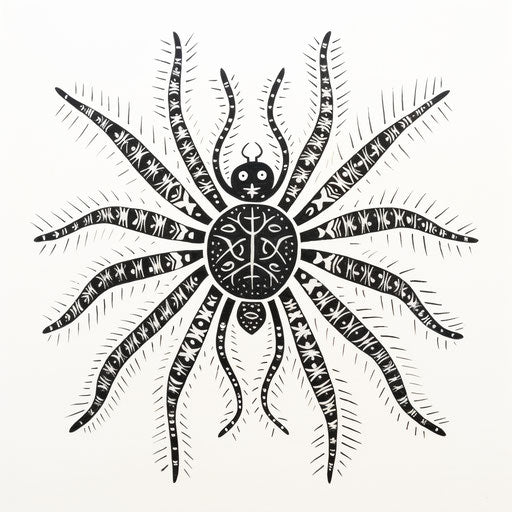 Spider in black and white, tattoo style, Papua New Guinea art, negative space