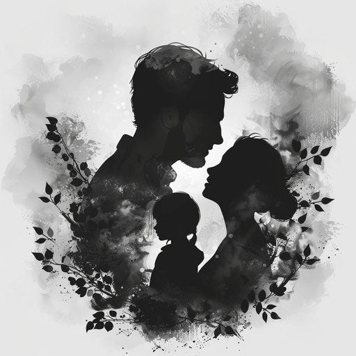 Tattoo sketch of family portrait in black and gray silhouettes