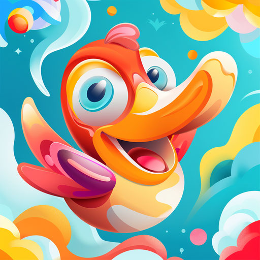 Whimsical cartoon logo with playful fonts and a colorful background