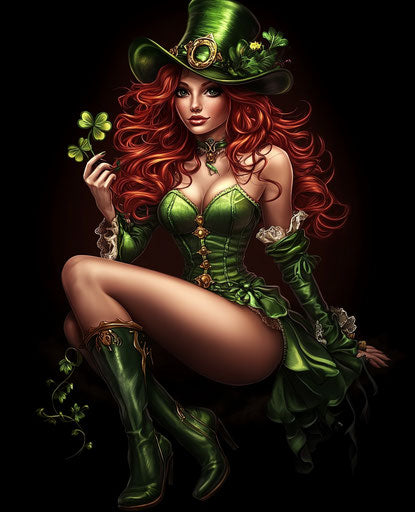 Beautiful leprechaun fairy with green hat and boots, holding clover, black background