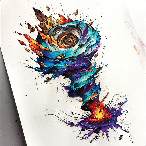 Dynamic tornado sketch with swirling debris in vivid hues