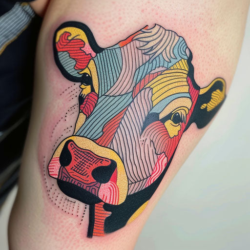 Pop art cow tattoo with bright colors and graphic lines