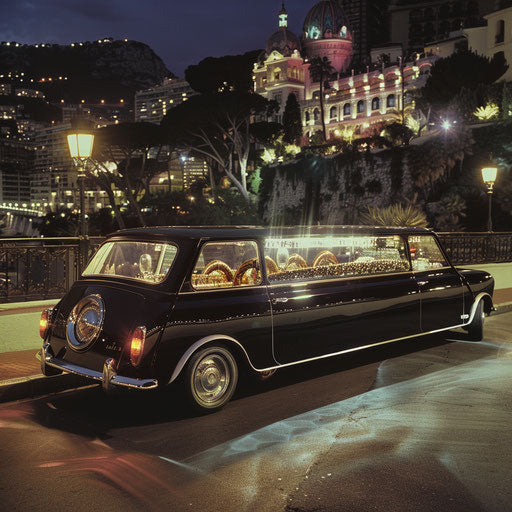 Luxurious 1980 Mini Cooper limousine with champagne bar, gliding through the streets of Monaco at night