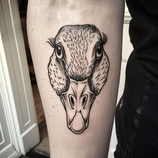Bold flat tattoo sketch of a goose's head with dramatic, intense eyes